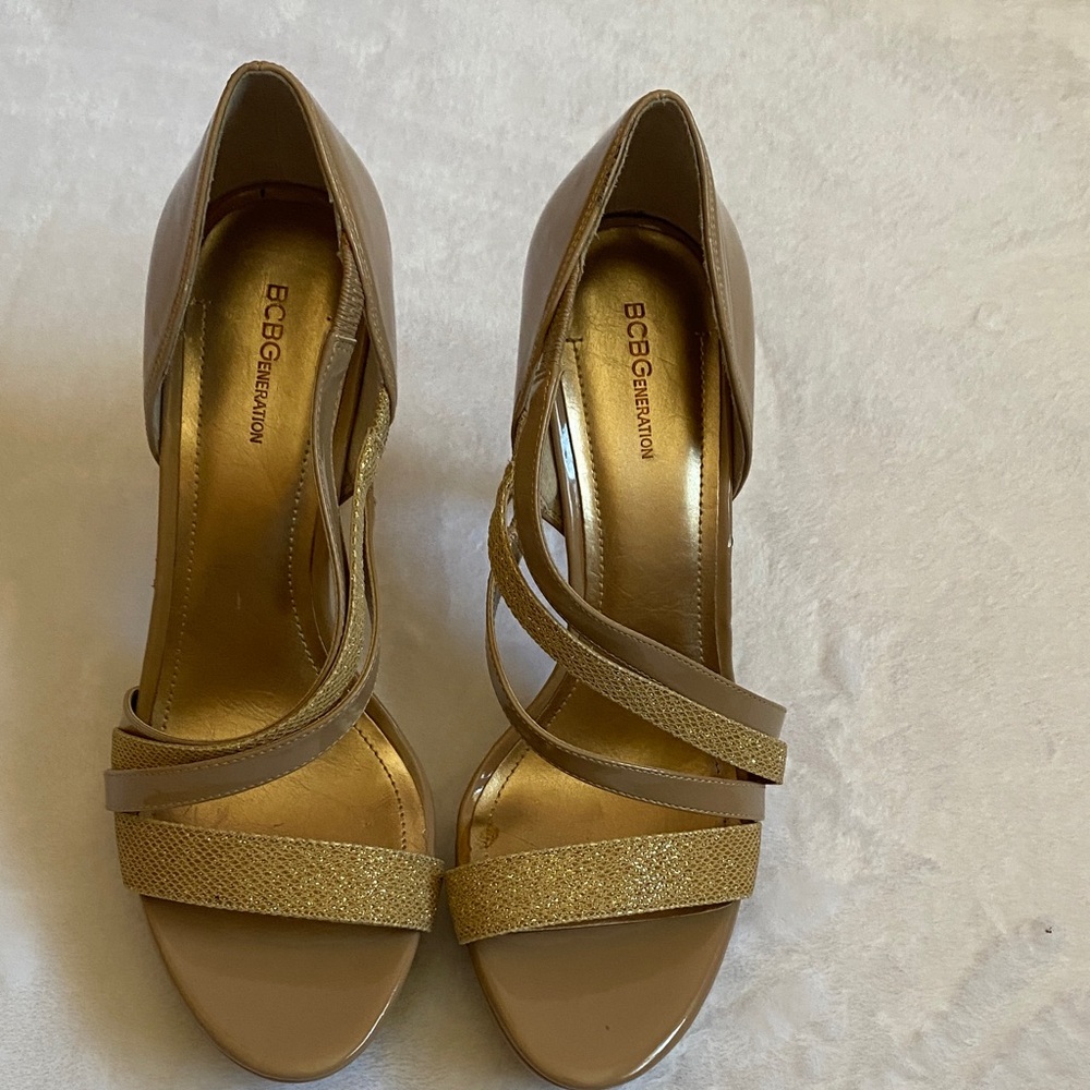 BCBGeneration Gold and Brown Strappy Heels